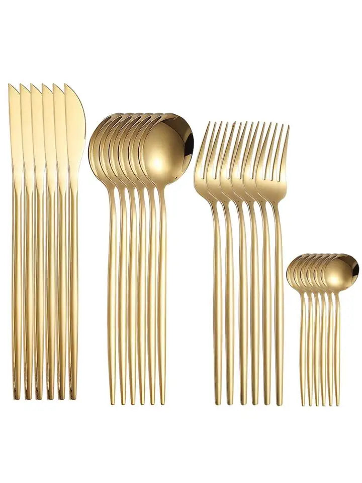 ✨ Conjunto de Talheres Dourados em Aço Inox — 24 Peças de Elegância e Sofisticação para Sua Mesa