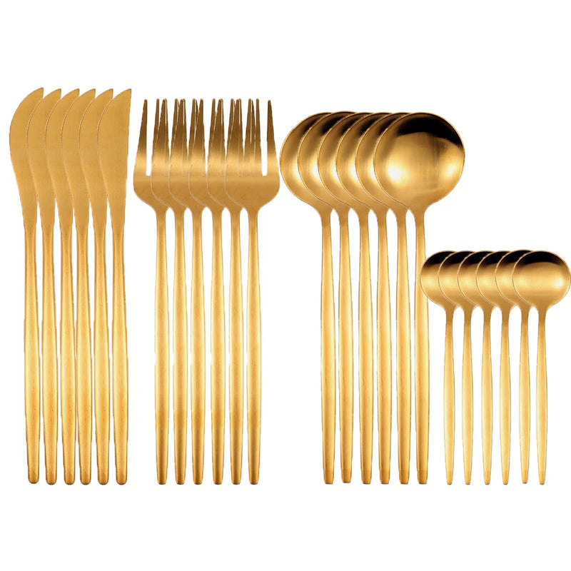✨ Conjunto de Talheres Dourados em Aço Inox — 24 Peças de Elegância e Sofisticação para Sua Mesa