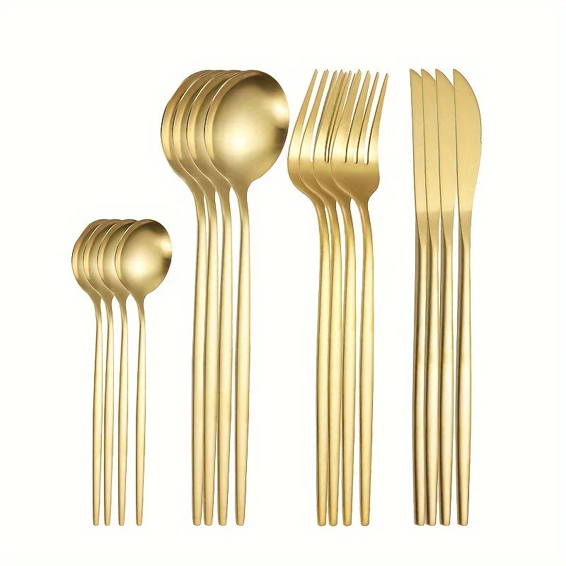 ✨ Conjunto de Talheres Dourados em Aço Inox — 24 Peças de Elegância e Sofisticação para Sua Mesa