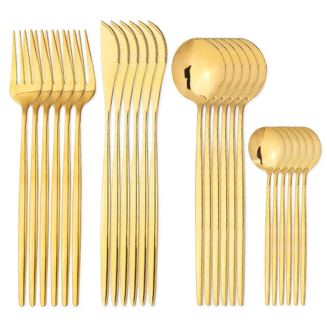 ✨ Conjunto de Talheres Dourados em Aço Inox — 24 Peças de Elegância e Sofisticação para Sua Mesa