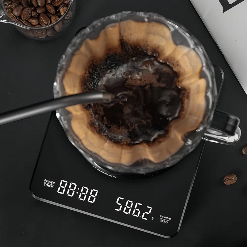 Balança Eletrônica de Alta Precisão para Café – À Prova d’Água, com Display LED, Temporizador e Carregamento USB | 3kg/0.1g