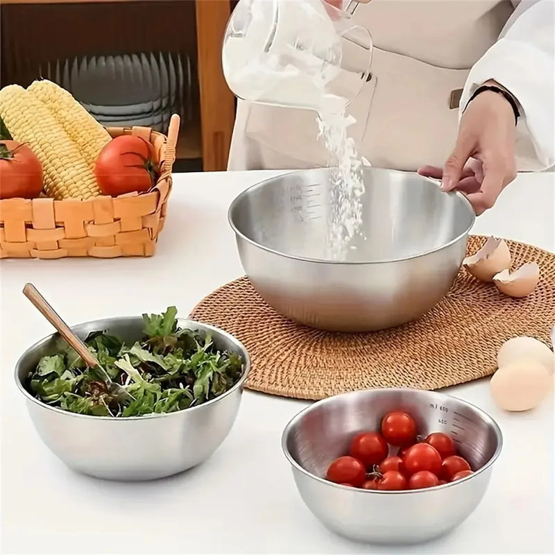 Kit 3 Tigelas de Inox Premium com Medidor – Ideal para Misturar, Armazenar e Cozinhar com Precisão