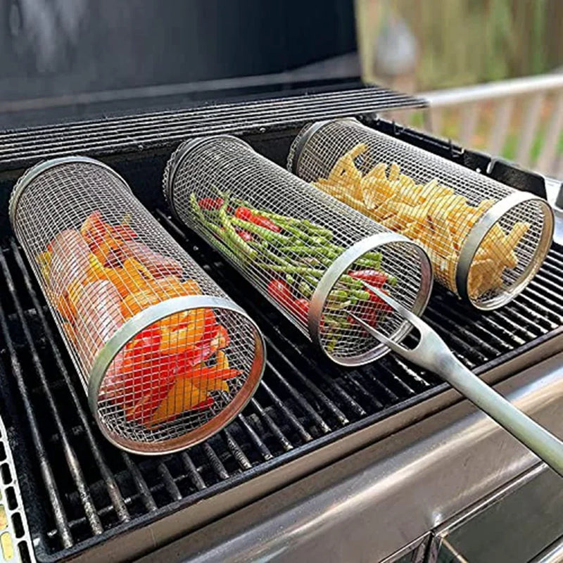 Cesto Giratório de Inox para Churrasco — Grelha Cilíndrica Antiferrugem para Camping, Piqueniques e Cozinha Profissional
