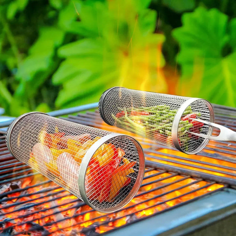 Cesto Giratório de Inox para Churrasco — Grelha Cilíndrica Antiferrugem para Camping, Piqueniques e Cozinha Profissional