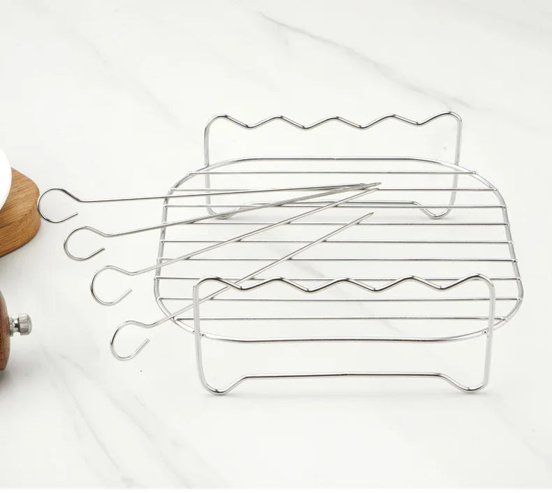 GrillMaster Pro – Kit de Espetos e Suporte Inox 4 em 1 para Churrasco, Air Fryer e Vapor