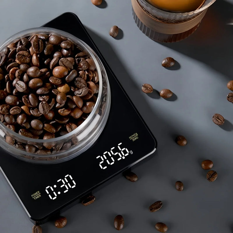 Balança Eletrônica de Alta Precisão para Café – À Prova d’Água, com Display LED, Temporizador e Carregamento USB | 3kg/0.1g
