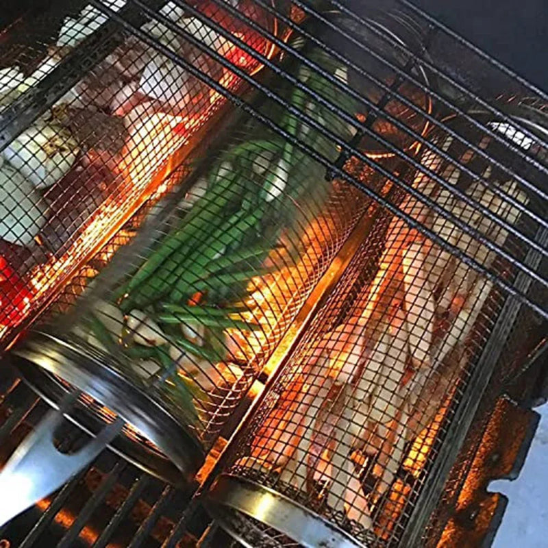 Cesto Giratório de Inox para Churrasco — Grelha Cilíndrica Antiferrugem para Camping, Piqueniques e Cozinha Profissional