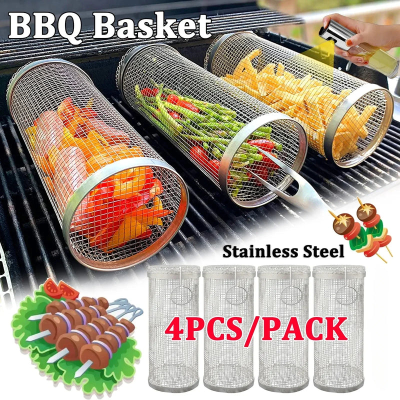Cesto Giratório de Inox para Churrasco — Grelha Cilíndrica Antiferrugem para Camping, Piqueniques e Cozinha Profissional
