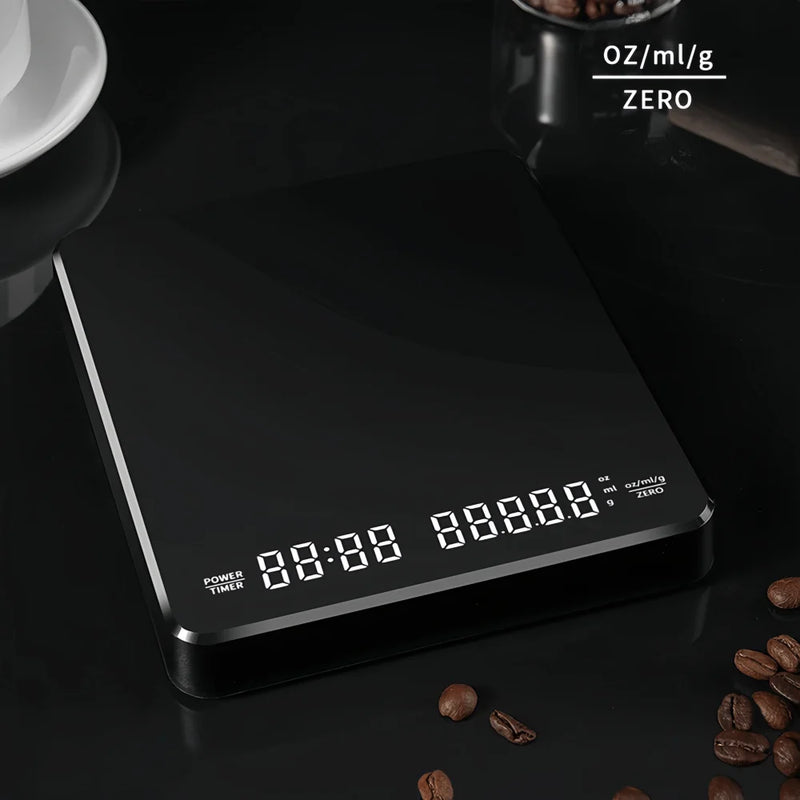 Balança Eletrônica de Alta Precisão para Café – À Prova d’Água, com Display LED, Temporizador e Carregamento USB | 3kg/0.1g