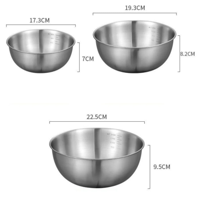 Kit 3 Tigelas de Inox Premium com Medidor – Ideal para Misturar, Armazenar e Cozinhar com Precisão